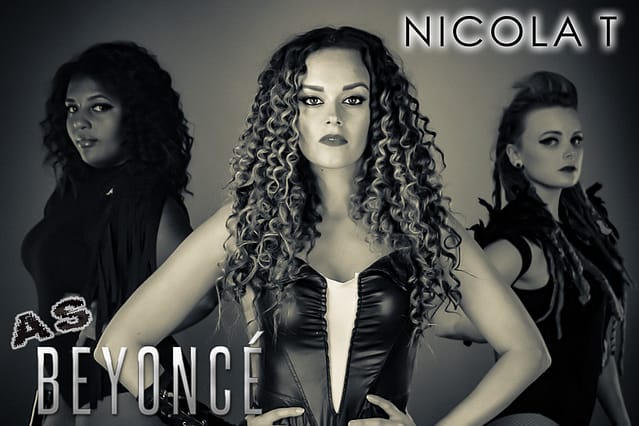 Beyonce Tribute Act Nicola T Black and white promotional image with backing dancers